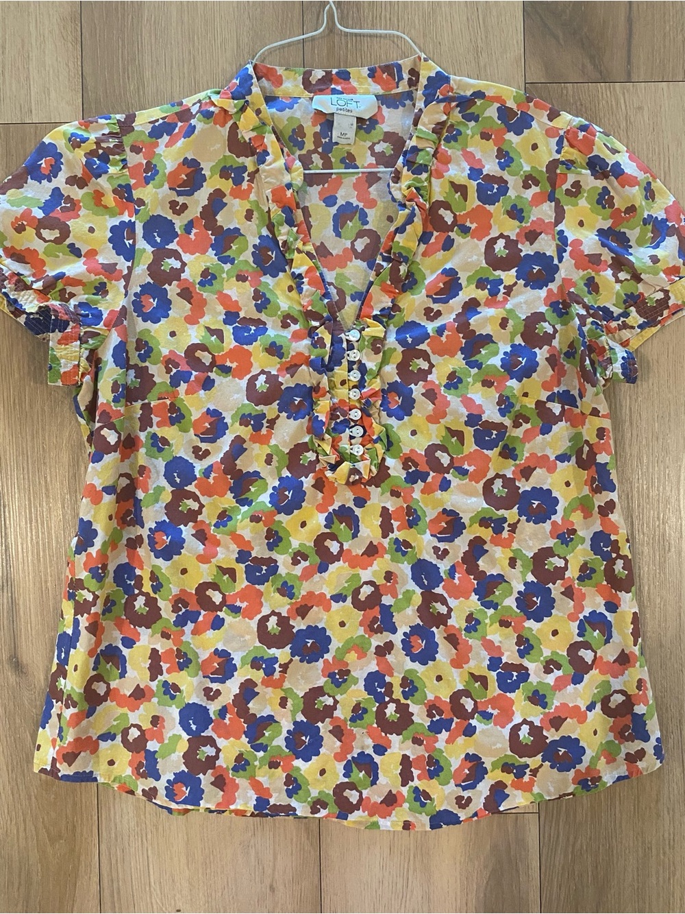 LOFT Petites Cotton Floral Pop Short Sleeve Ruffle-Trim Blouse in Multie